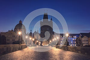 Charles bridge at night, view of the Old town, Prague, Czech Republic