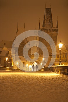 Charles bridge in the night in winter