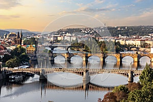 Charles bridge and other bridges in Prague, aerial view