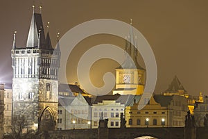 Charles bridge and other historic buildings at night, Prague, Czech republic