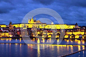 Charles Bridge over Vltava river in Prague, Czech Republic at night