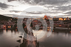 Charles Bridge over the Vltava River in Prague. Prague castle in the background.