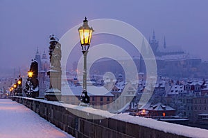 Charles bridge and Prague castle before dawn