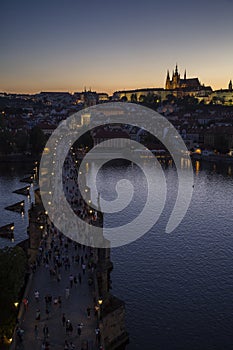 Charles Bridge and Prague Castle in Prague at dusk