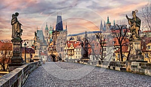 Charles bridge and Prague castle on sunset, Czech Republic