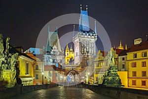 Charles Bridge in Prague (Czech Republic) at night lighting