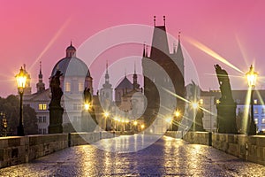 Charles bridge in Prague at rainy night, nobody