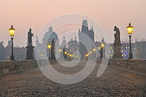 Charles Bridge in Prague during the sunrise