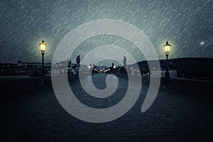 Charles Bridge at rainy night