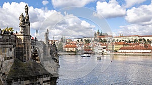 Charles Bridge with it`s famous sculptures, with Prague Castle in the background, Prague, Czech Republic