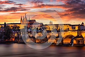 Charles Bridge sunset view of the Old Town pier architecture, Charles Bridge over Vltava river in Prague, Czechia. Old Town of