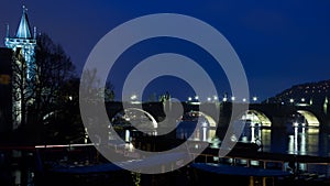 Charles Bridge and Tower Bridge at night in blue