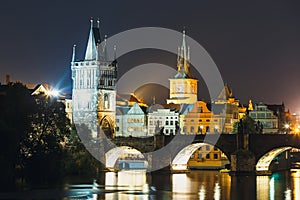 Charles Bridge and Vltava river at night in Prague, Czech Republic