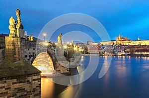 Charles Bridge and Vltava River in Prague, Czech Republic at night