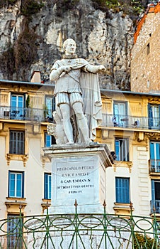 Charles Felix de Savoie monument at Rue de Foresta street in historic Nice Port district on French Riviera Azure Coast in France