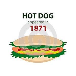Charles Feltman invented the hot dog in 1871. World day hot dog. Vector illustration on isolated background.