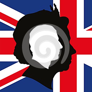 Charles III and Elizabeth II portrait profile silhouette on the british flag