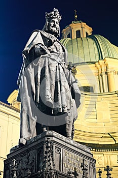 Charles IV statue at night. Prague.