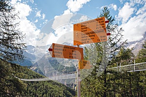 Charles Kuonen suspension bridge in Swiss Alps. With 494 metres, it is the longest suspension bridge in the world in