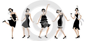 Oslava. černý šaty tanec dívky silueta . styl sada. skupina z žena tanec. starodávný styl. 