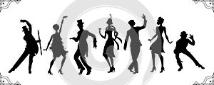 Charleston Party.black silhouette man and woman gold silhouette .Gatsby style set. Group of retro man dancing charleston.Vintage photo