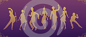 Charleston Party.black suit dancing man and woman gold silhouette .Gatsby style set. Group of retro man dancing charleston.Vintage