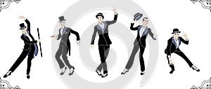 Charleston Party. Gatsby style people .Group of retro man dancing charleston. Vintage style. retro silhouette dancer.1920