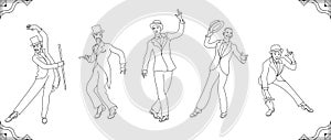 Charleston Party. Gatsby style set. Group of retro man lines vrctor dancing charleston. Vintage style.retro silhouet