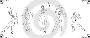 Charleston Party. Gatsby style set. Group of retro man lines vrctor dancing charleston. Vintage style.retro silhouet photo