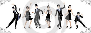 Charleston Party. Gatsby style set. Group of retro woman and man dancing charleston. Vintage style. retro silhouette dancer.1920 p