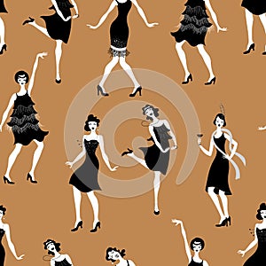 Charleston Party.Pattern gatsby style set. Group of retro woman dancing charleston.Vintage style. retro silhouette dancer.1920