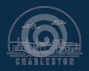 Charleston, South Carolin - Cityscape with white abstract line corner curve modern style on dark blue background, building skyline