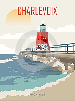 Charlevoix. Michigan. The great lakes state. Touristic poster in vector