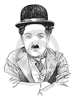 Charlie Chaplin portrait, line art vector illustration