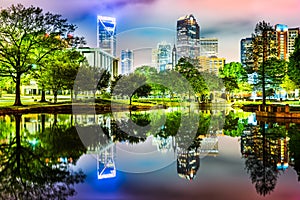 Charlotte, NC skyline reflected in Marshall Park pond