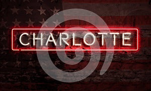 Charlotte Neon Sign On Brick American Flag
