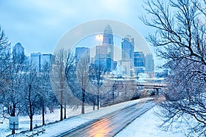 Charlotte north carolina city after snowstorm and ice rain