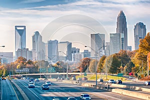 Charlotte north carolina skyline during autumn season at sunset