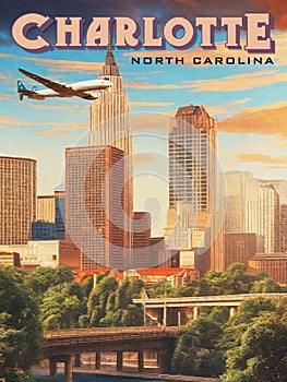 Charlotte North Carolina travel poster vintage postcard