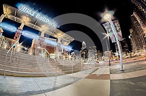 charlotte skyline at romare bearden park and bbt knights baseball stadium at night