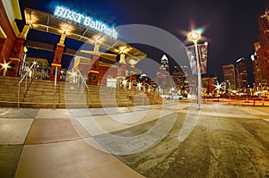 charlotte skyline at romare bearden park and bbt knights baseball stadium at night