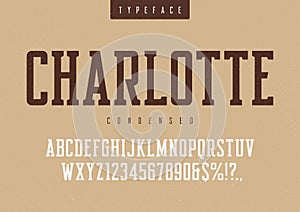 Charlotte vector condensed retro typeface, uppercase letters and