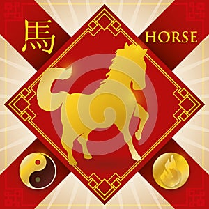 Charm with Chinese Zodiac Horse, Fire Element and Yang Symbol, Vector Illustration photo