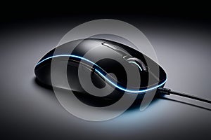 Close-up of black light-up wired computer mouse,Generative AI