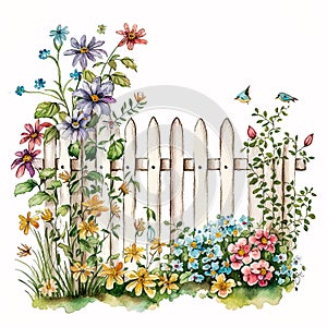 The Charm of Spring: Watercolor Wood Garden Fence with Rustic AI Generated