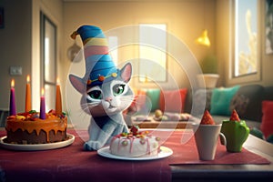 Charming 3D Cartoon Cat, Wearing A Festive Hat, Enjoying Its Birthday