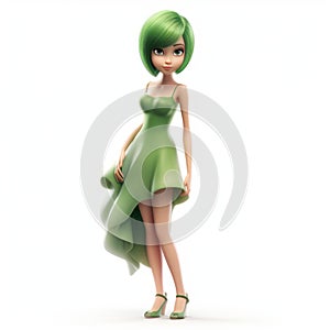 Charming 3d Cartoon Girl In Green Dress - Eye-catching Anime Style