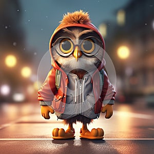 Charming 3d Cartoon Owl: Vray, Hip Hop Aesthetics, Photo-realistic Techniques