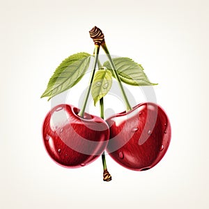 Charming 3d Illustrations Of Two Cherries With Green Leaves