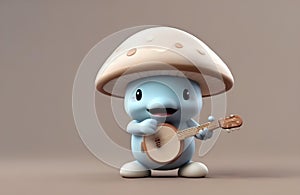 Charming 3D Kawaii Minimalist A Simple Mushroom Character Strumming a Banjo